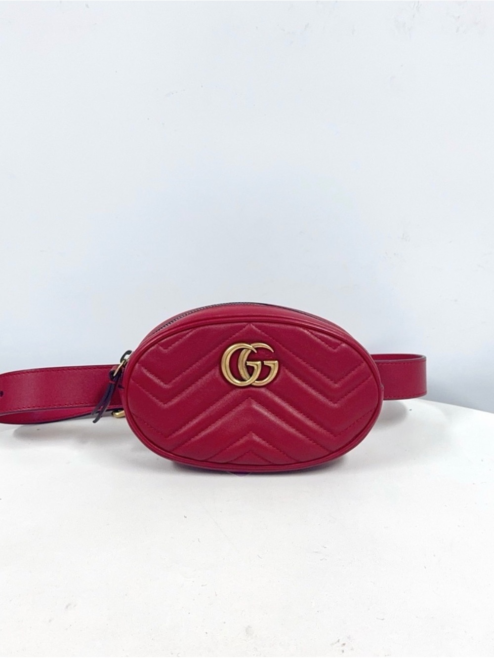 Gucci Red Quilted Oval GG Belt Bag with Gold Hardware